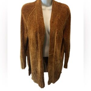Loft Soft Velour Chenille Open Concept Cardigan Ribbed Cuff Size M Caramel